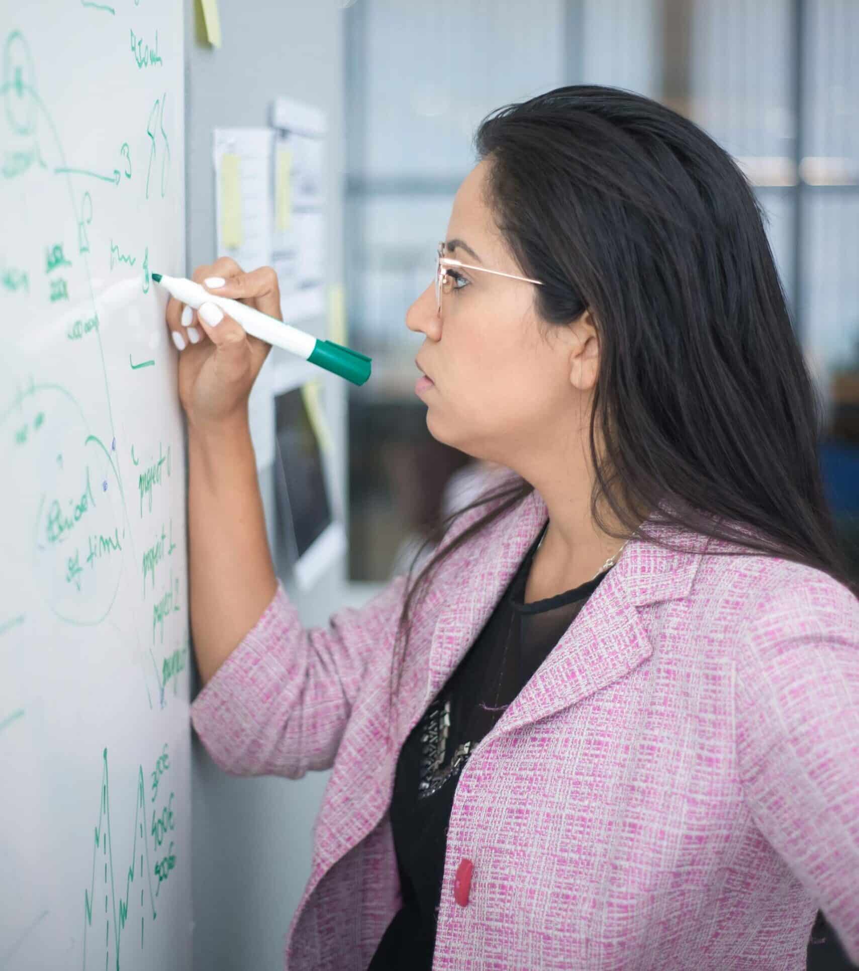 Woman standing in front of a white board writing